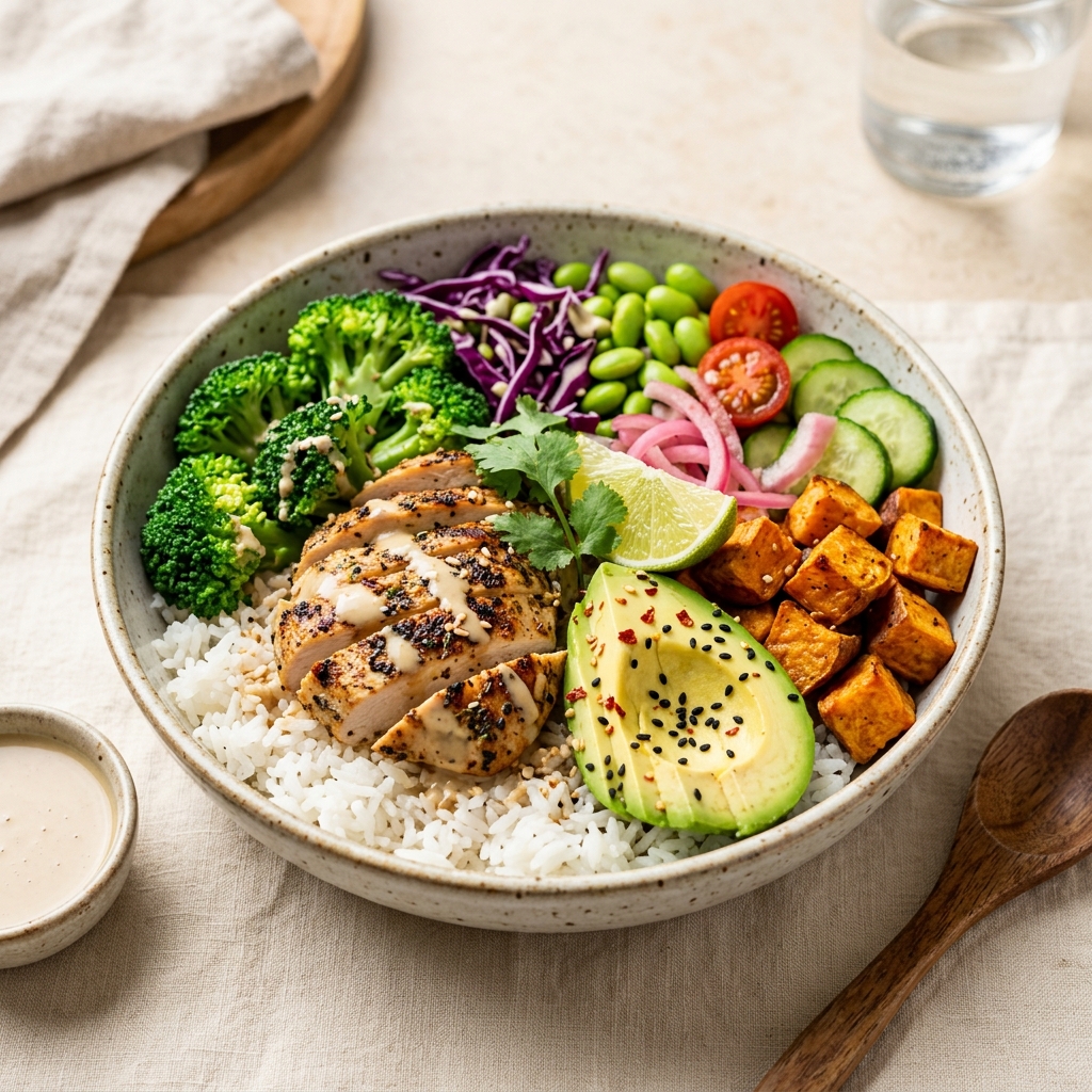 Healthy fresh rice protein bowl